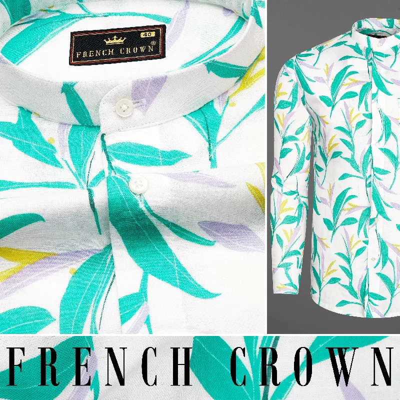 Bright White with Multicolour Leaves Printed Royal Oxford Shirt