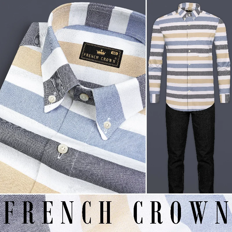 Bright White with Periwinkle Blue Multicolour Horizontal Striped Royal Oxford Shirt