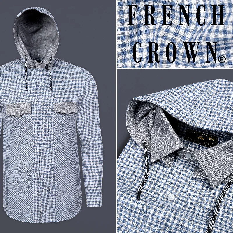 Kashmir Blue And Bright White Plaid Chambray Detachable Hoodie Jacket