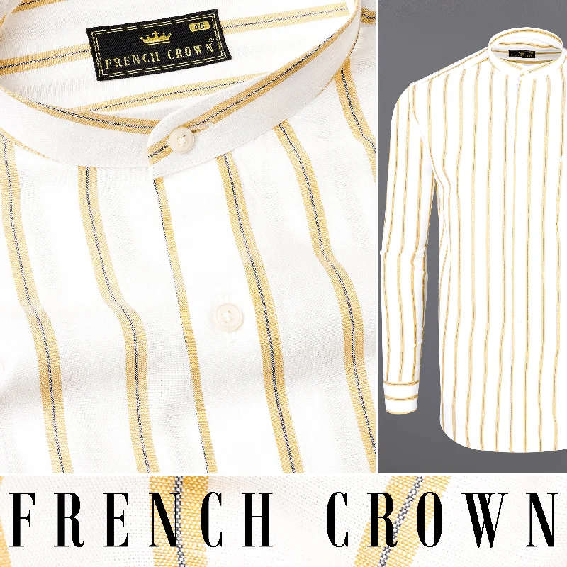 Off White Striped Luxurious Linen Mandarin Collar Shirt