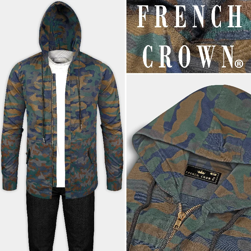 Roman Brown And River Blue Camouflage Military printed Heavyweight Designer Hoodie with Zipper Closure